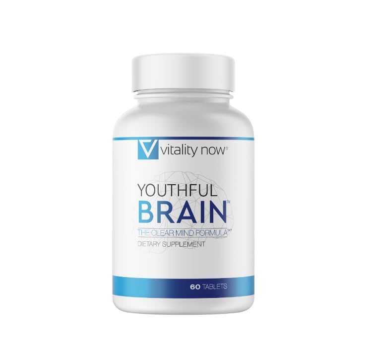 Vitality Now Jeune Cerveau : bouteille et tablettes faciles à avaler pour l'énergie cérébrale.