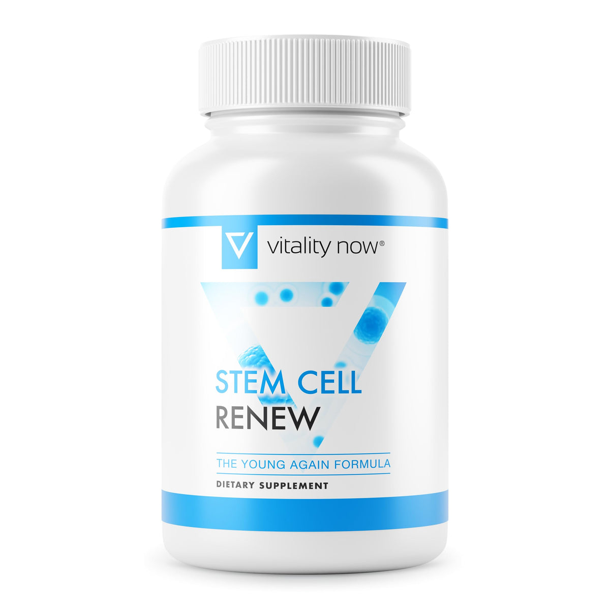 Vitality Now Stem Cell Renew — bouteille ouverte et énergie potentielle pour la journée.