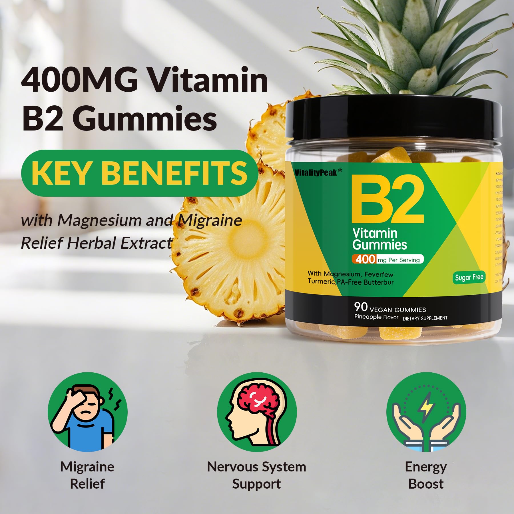 VitalityPeak informations nutritionnelles visibles, riboflavine et magnésium potentiels soutiens.