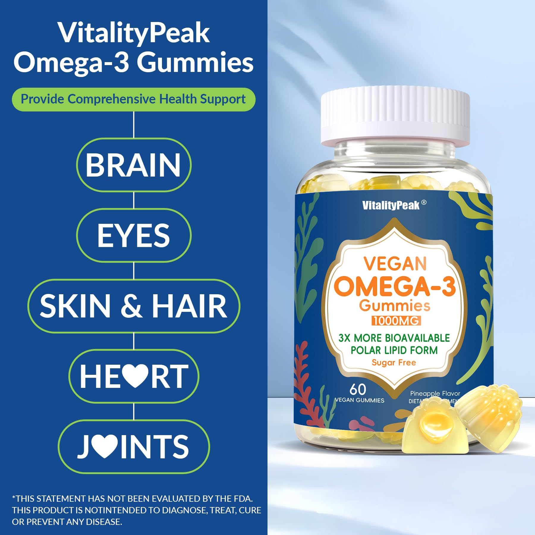 Ingrédients VitalityPeak D3, K2 et CoQ10 visibles pour le soutien énergétique.