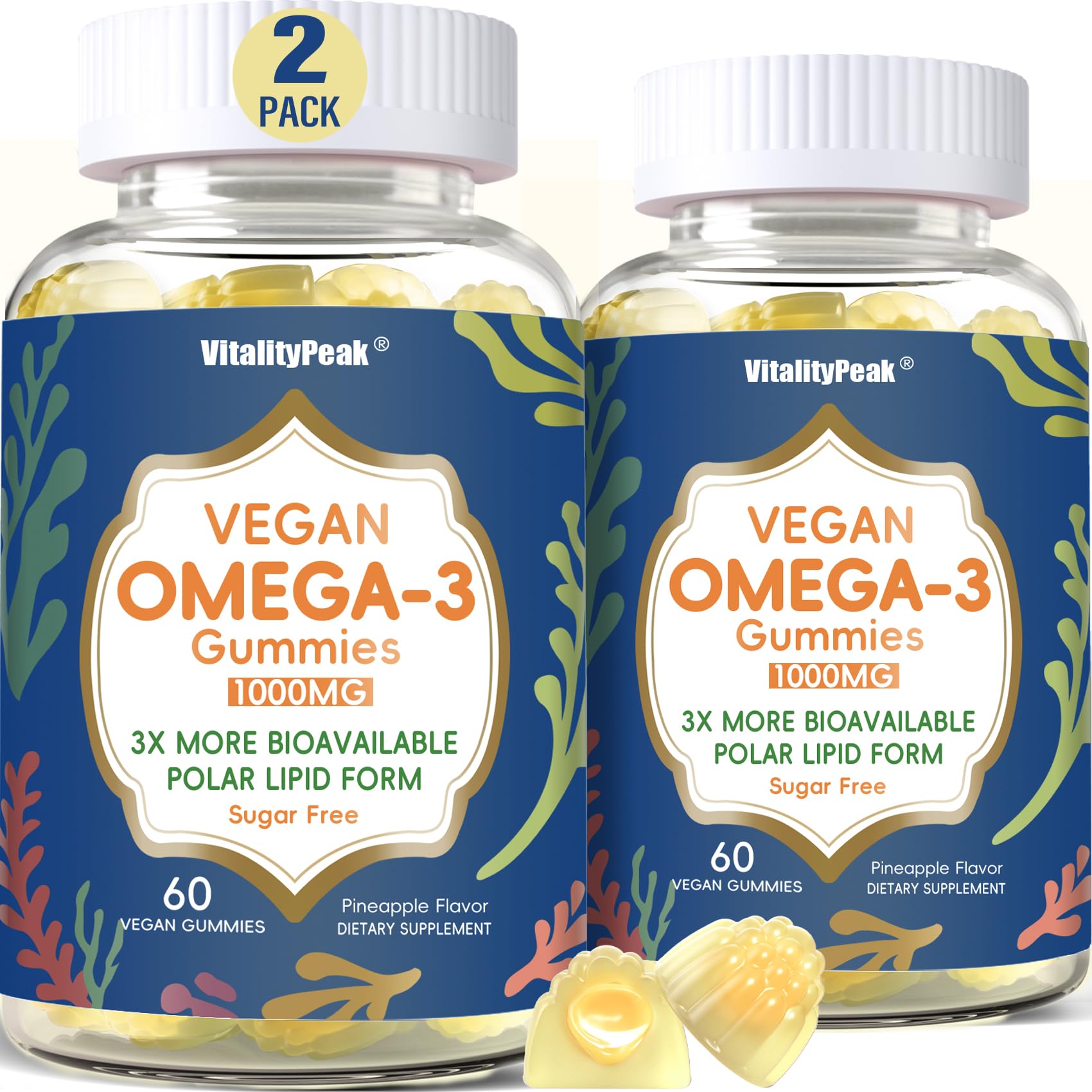 VitalityPeak Gommes oméga-3 en bouteille, source végétale pratique DHA et EPA.