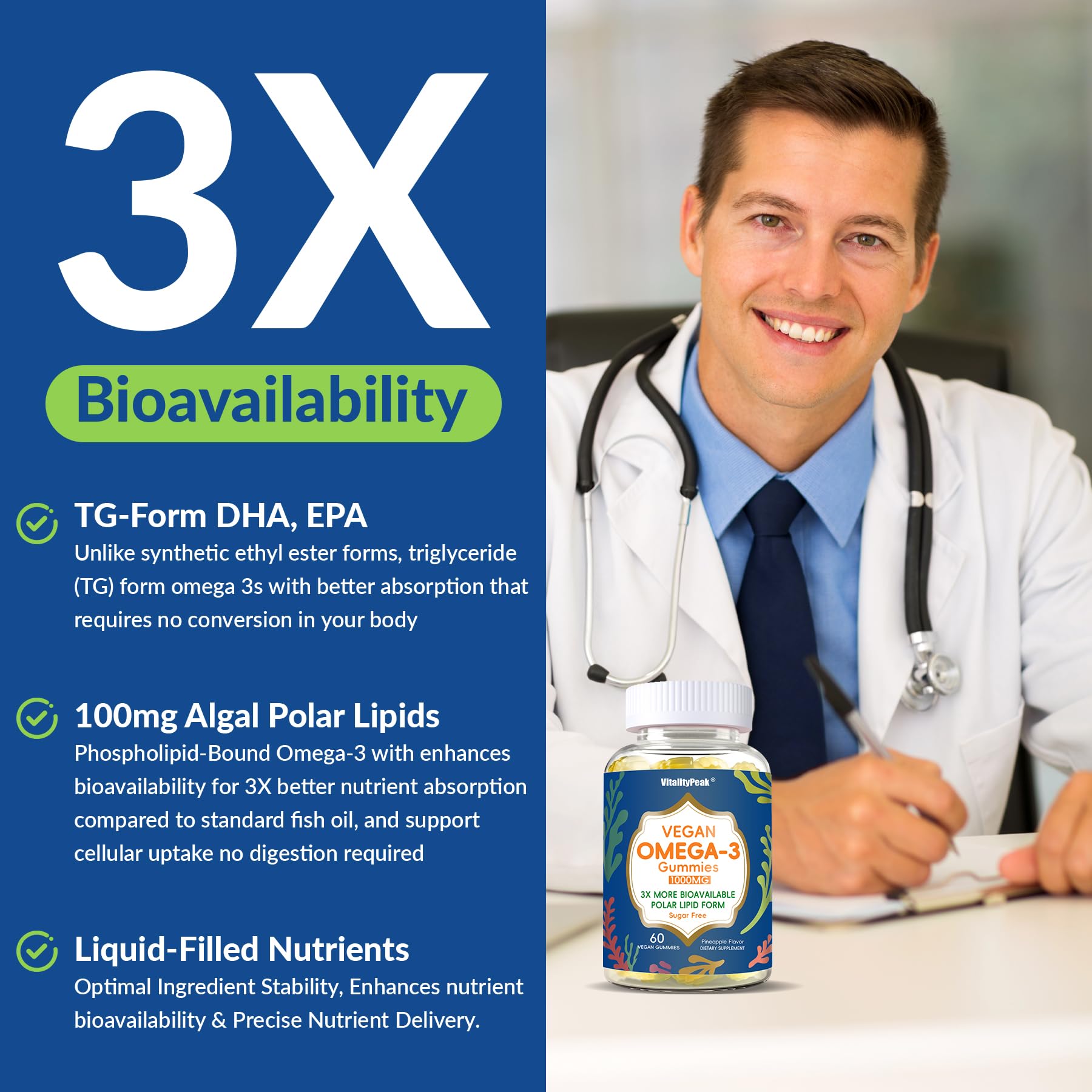 Omega-3 VitalityPeak sans sucre, option saine pour le quotidien.