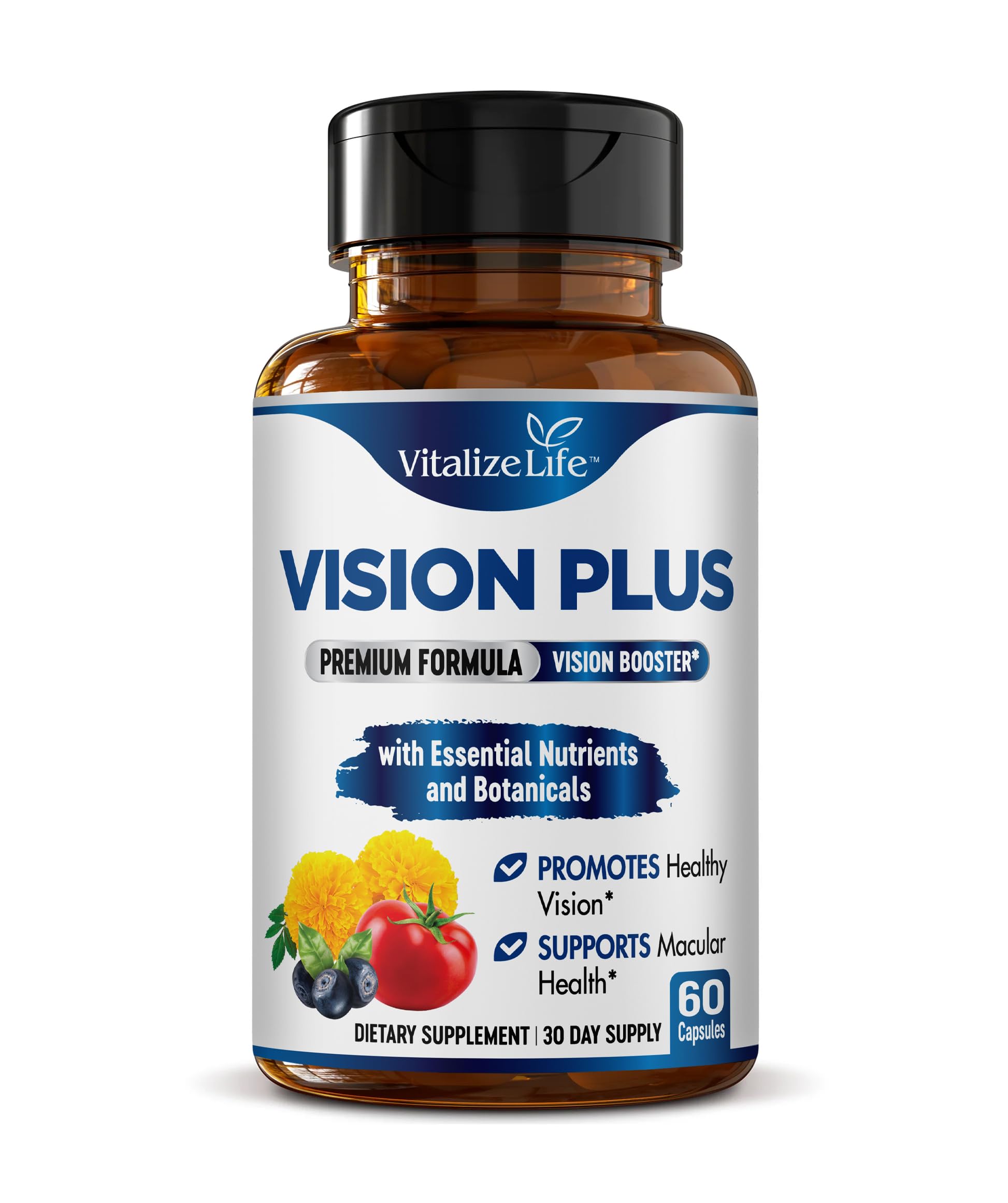 Vitalize Life Vision Plus — bouteille et gélules pour une clarté visuelle durable.