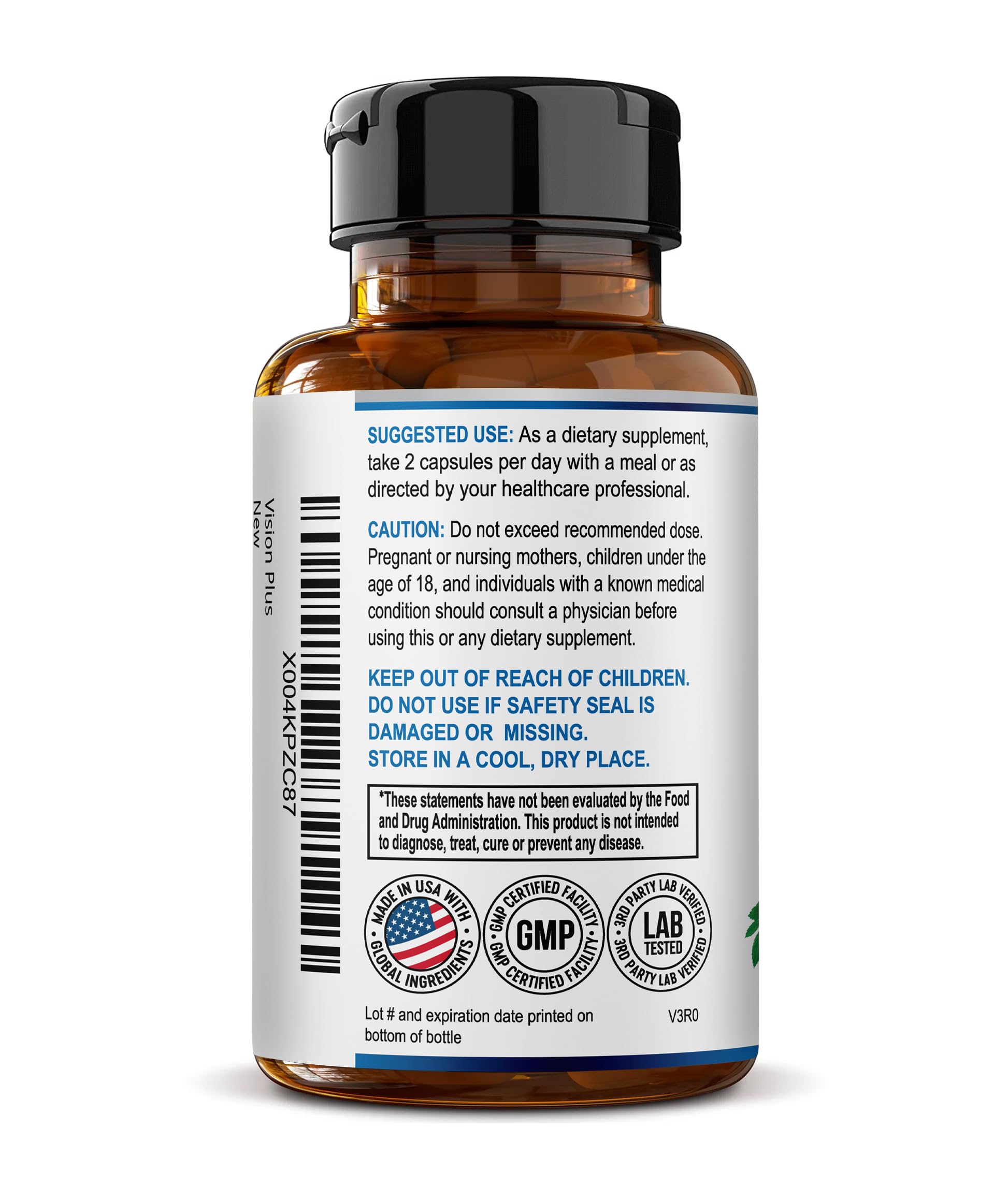 Étiquette détaillée montrant lutéine et zéaxanthine comme ingrédients clés.