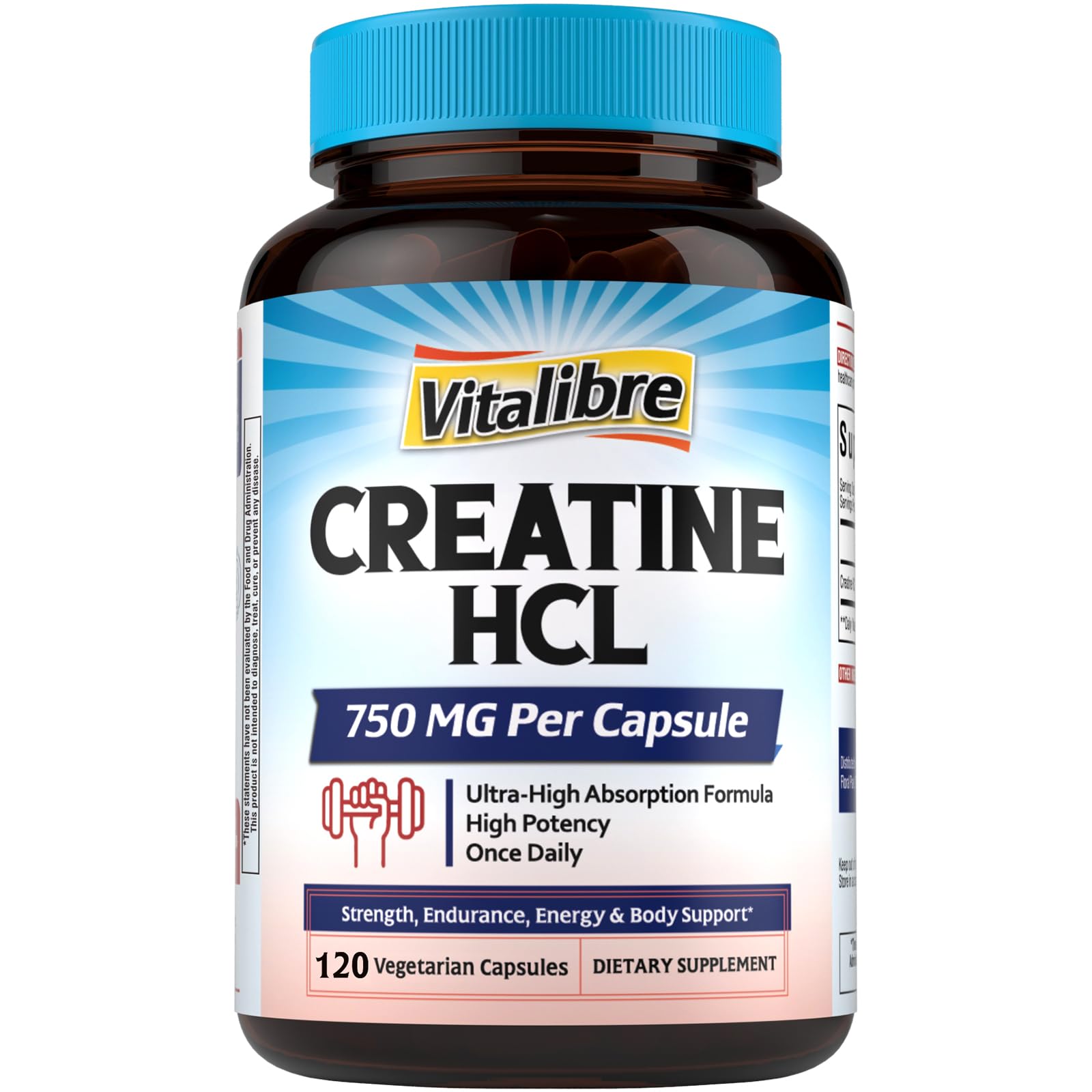 Vitalibre Créatine HCl capsules 750 mg, emballage pratique et absorption élevée.