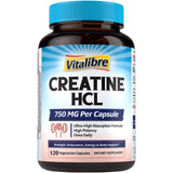 Vitalibre Créatine HCl capsules 750 mg, emballage pratique et absorption élevée.