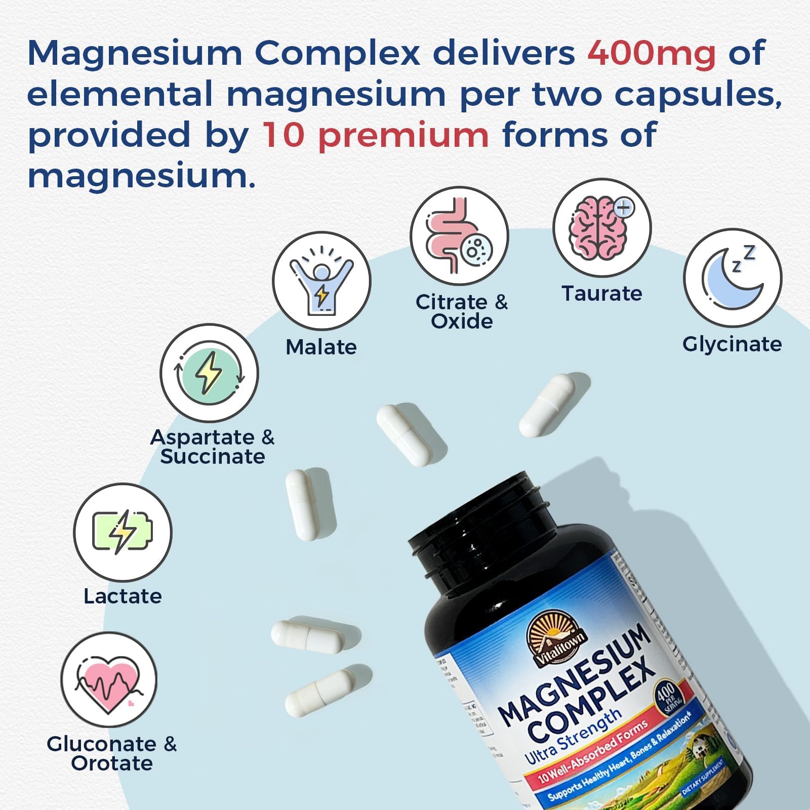 Vitalitown Magnésium étiquette-produit, informations claires pour choix éclairé.