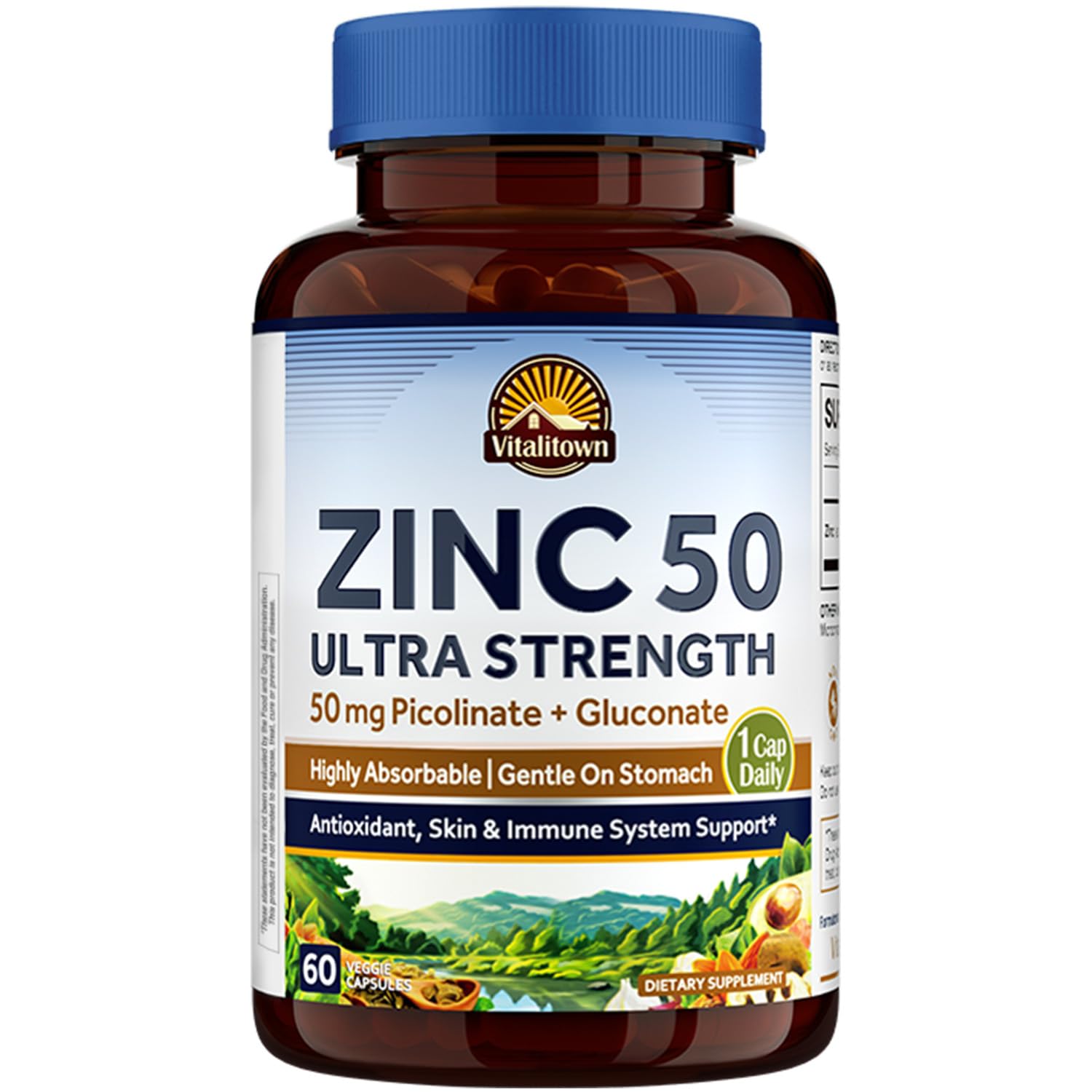 Vitalitown Zinc 50 mg: capsule vegan, facile à avaler, apport quotidien potentiel.