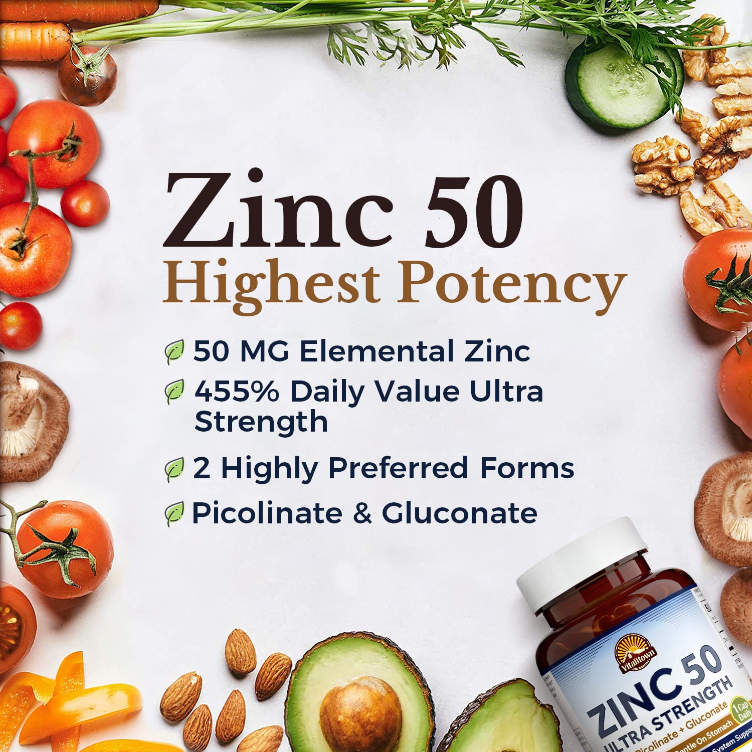 Vitalitown Zinc 50 mg: étiquette claire, sans gluten et sans OGM.
