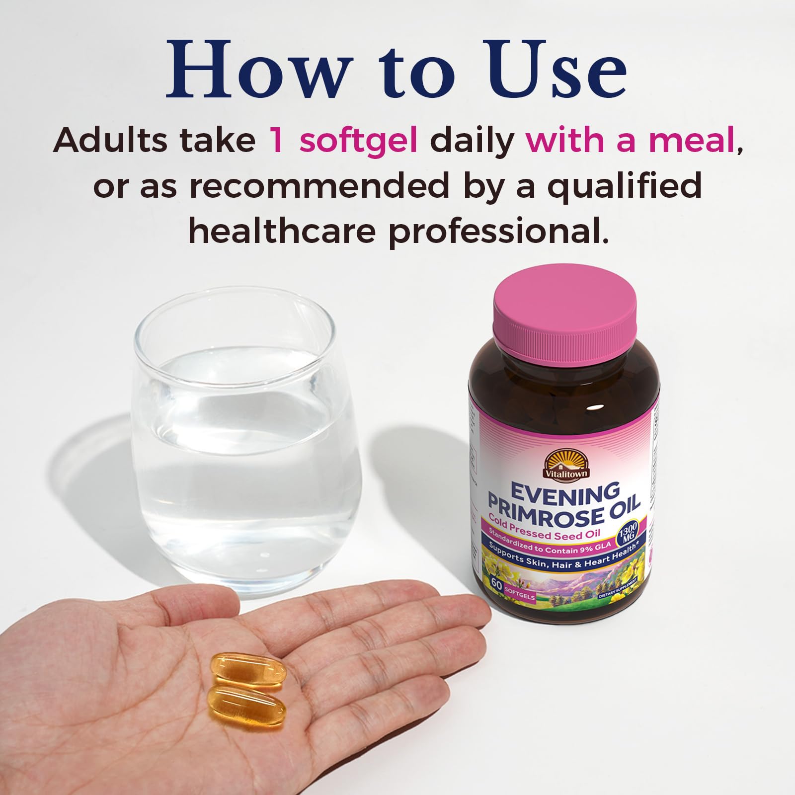 Vitalitown huile onagre 1300 mg - peau hydratée et équilibre potentiel.