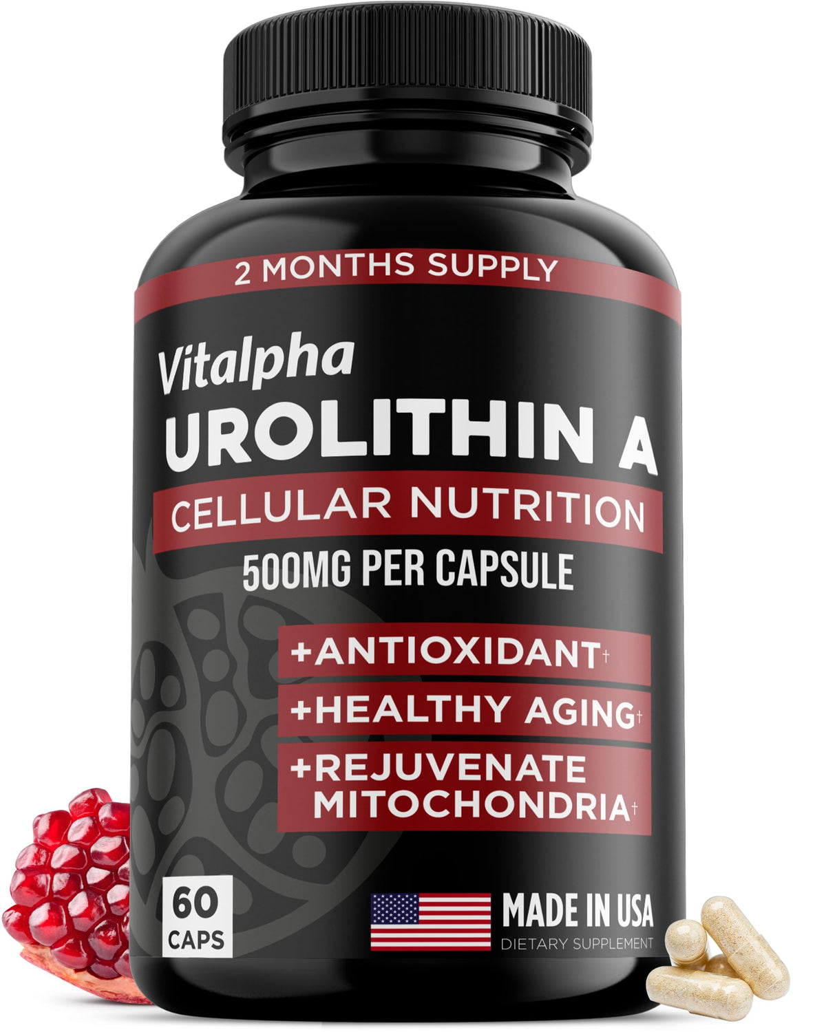 Vitalpha Urolithin A: bouteille contenant les gélules, soutien potentiel à l'énergie.