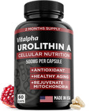 Vitalpha Urolithin A: bouteille contenant les gélules, soutien potentiel à l'énergie.