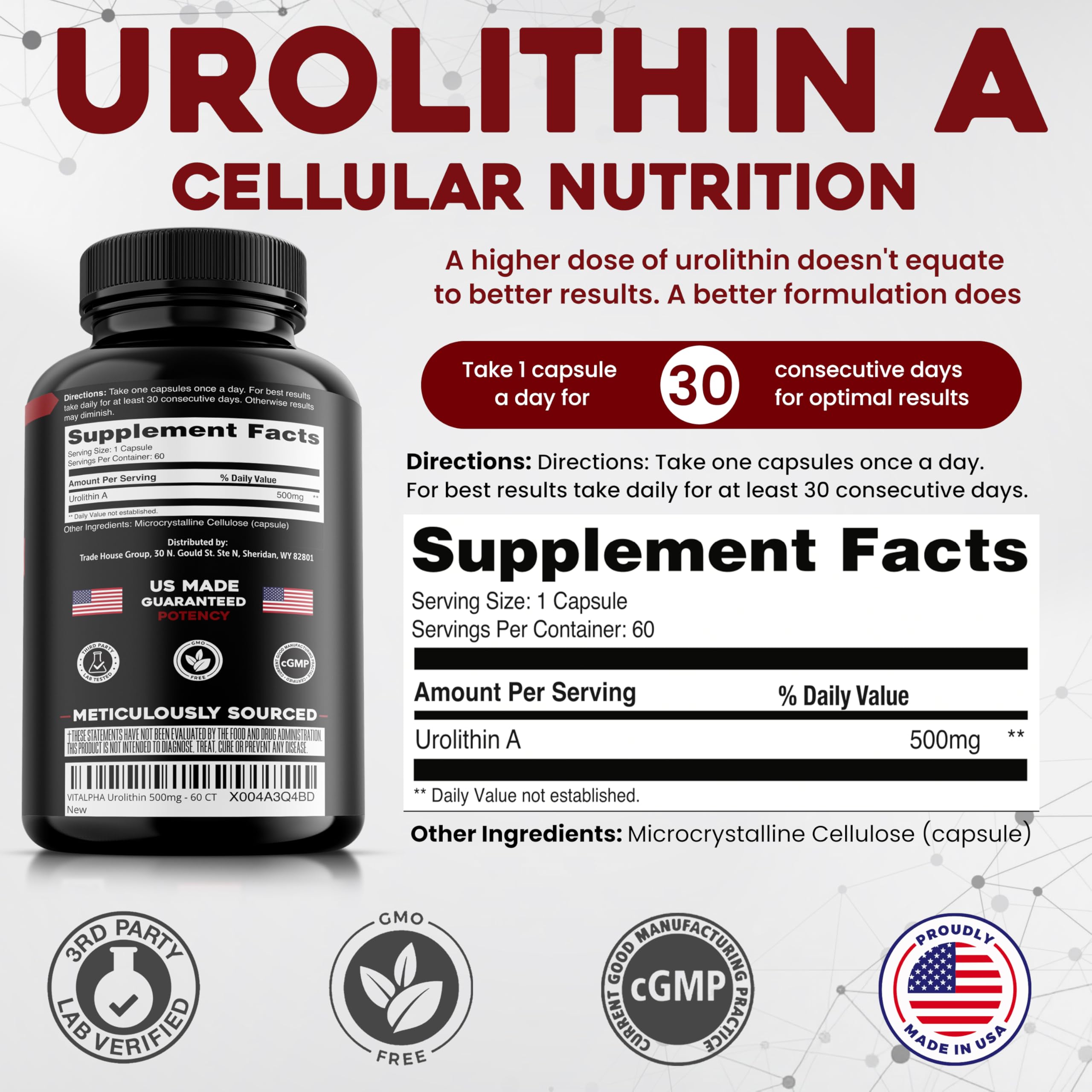 Vitalpha Urolithin A: tableau nutritionnel, informations claires sur les ingrédients.