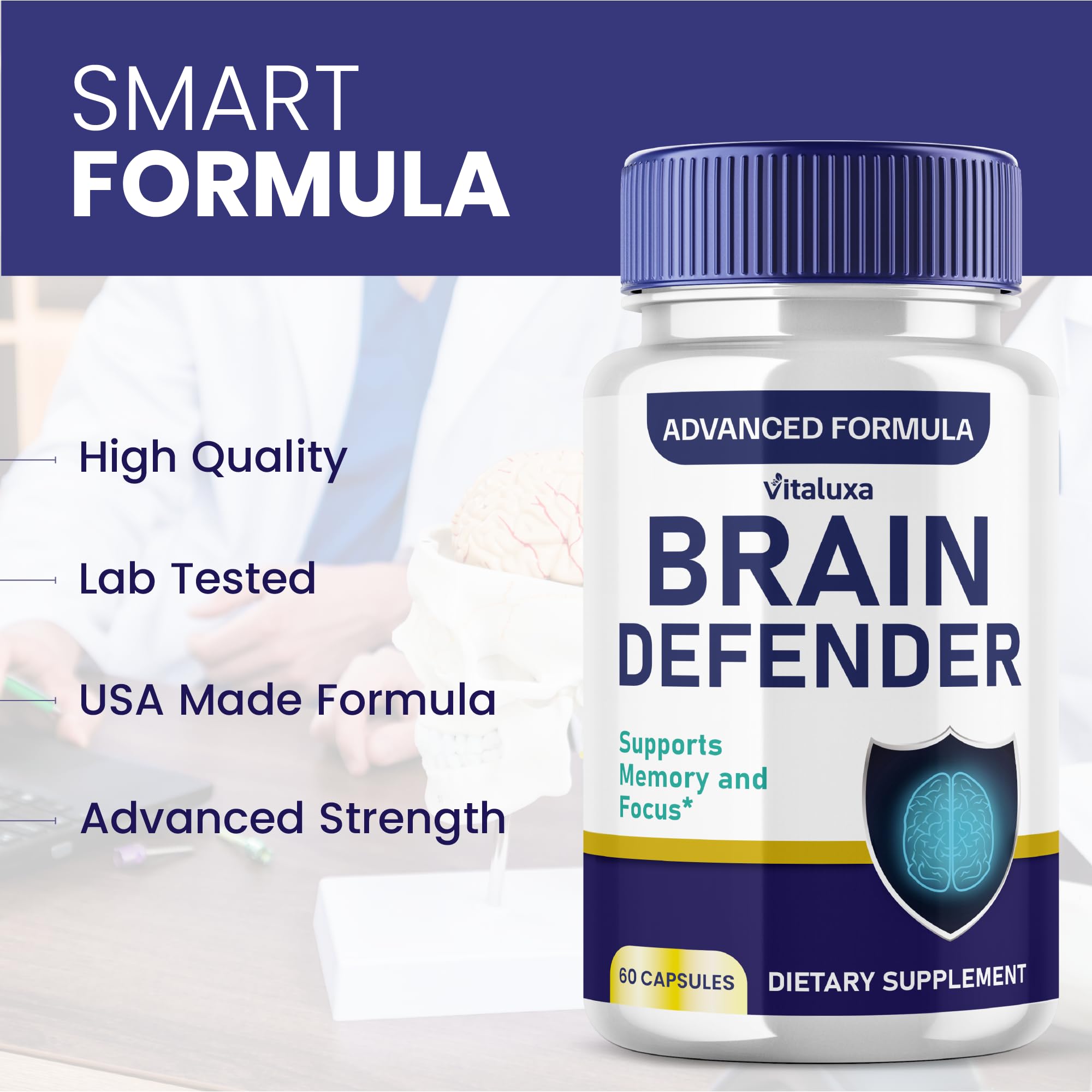 Vitaluxa Brain Defender: emballage en boîte prêt à l’emploi dans la routine.
