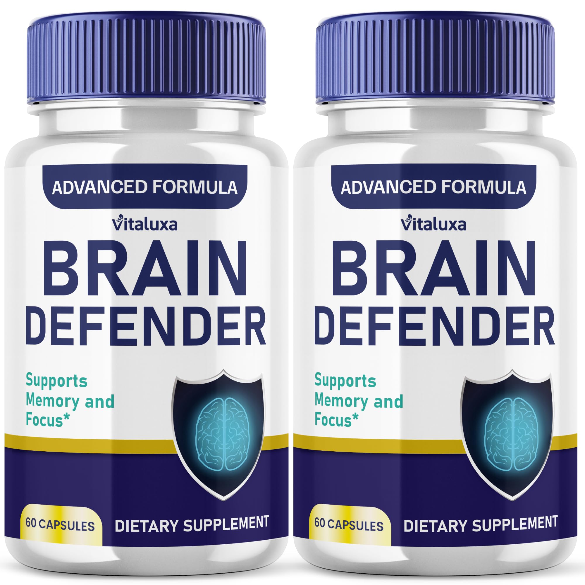 Vitaluxa Brain Defender: bouteille avec étiquette, pratique pour la routine quotidienne de concentration.