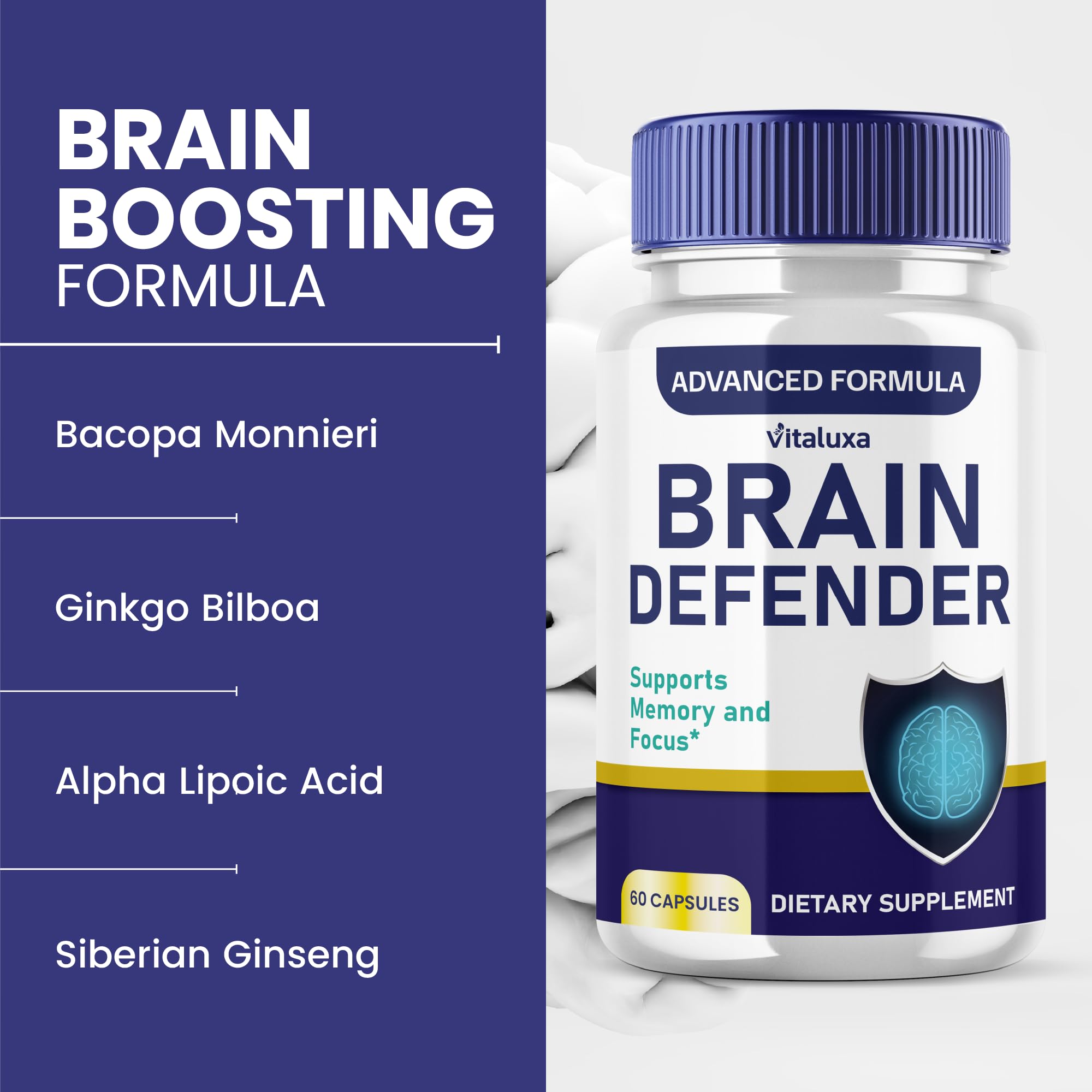 Vitaluxa Brain Defender: étiquette lisible et instructions claires pour l’utilisation.