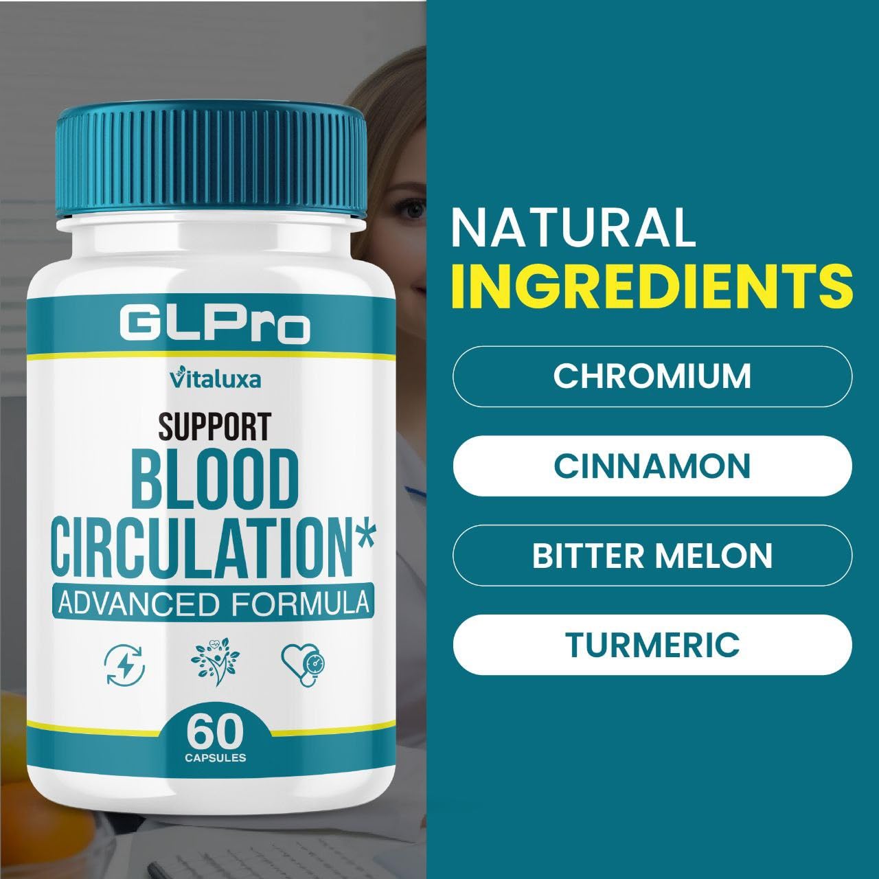 Vitaluxa GLPro bouteille de gélules montrant le soutien à la circulation quotidienne.