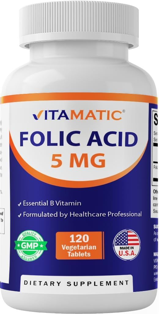 Vitamatic acide folique 5 mg, tablettes végétariennes visibles, soutien potentiel à la santé cellulaire.