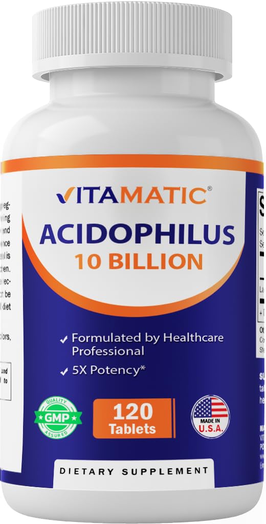 Vitamatic Acidophilus Probiotique – bouteille ouverte, soutien digestif potentiel.
