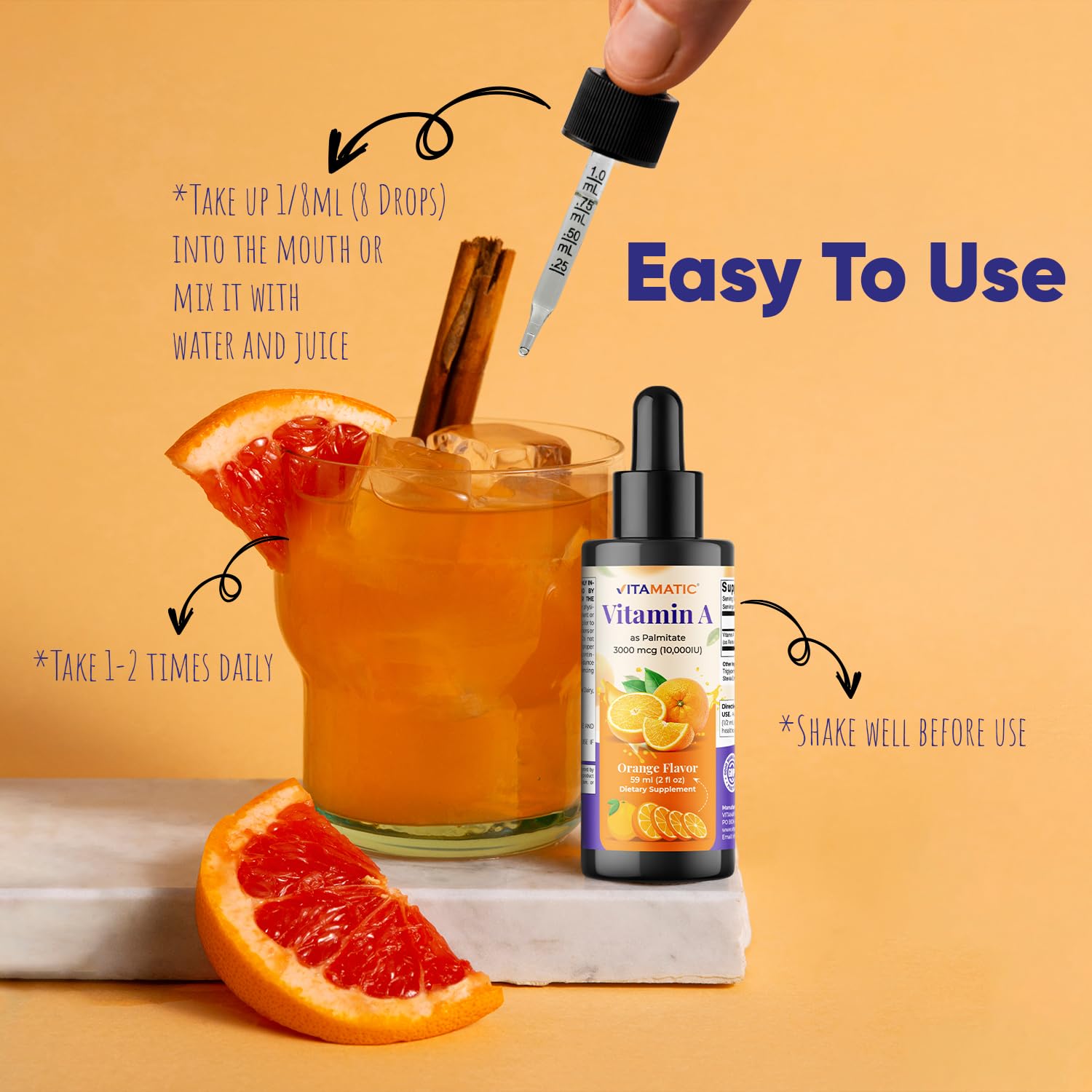 Gouttes Vitamatic saveur orange pour une prise agréable.