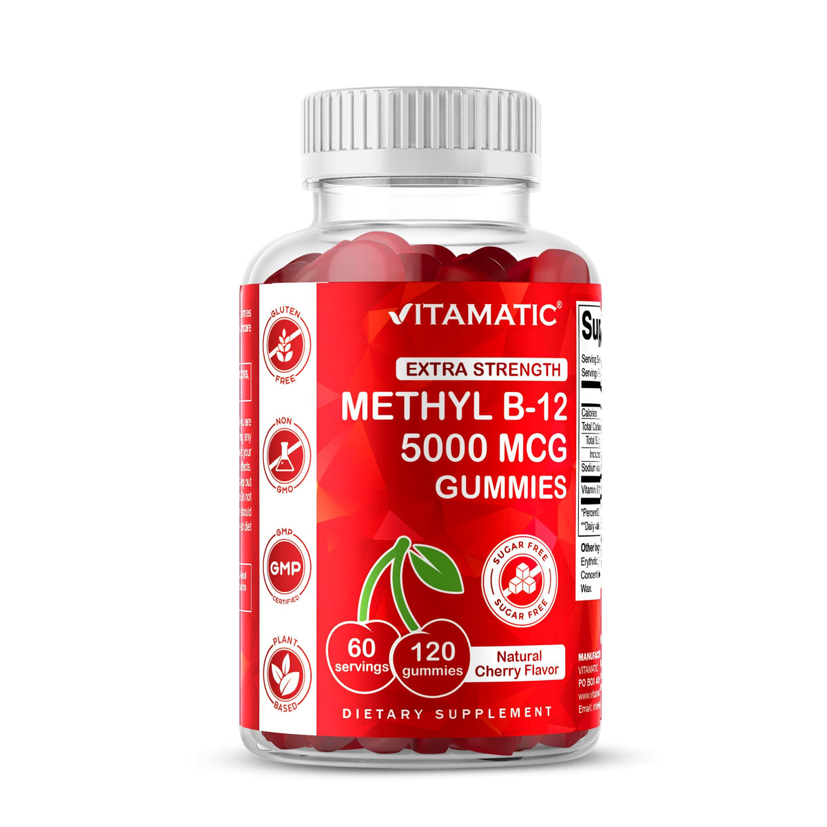 Gommes Vitamatic B12 goût cerise naturelle offrant énergie quotidienne.
