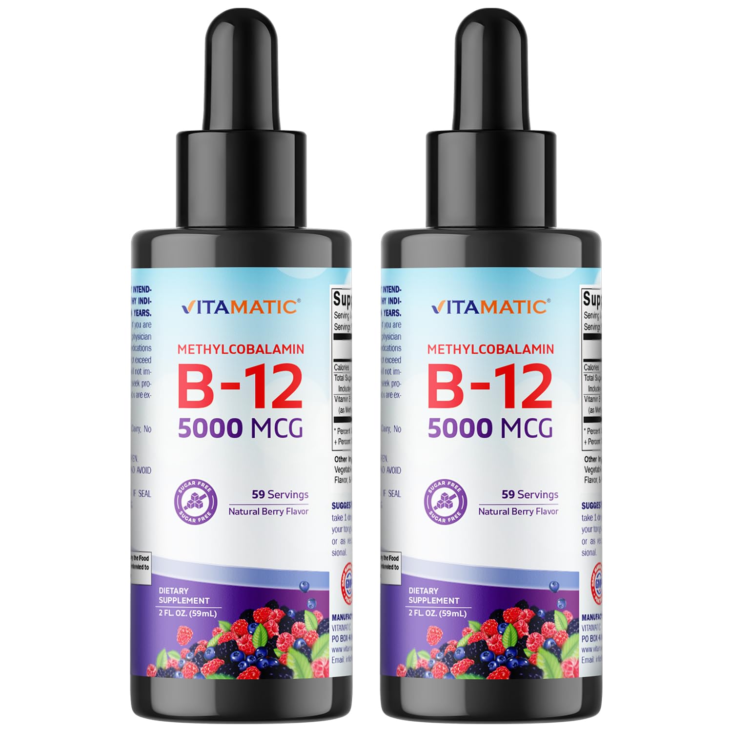 Vitamatic B12 liquide saveur framboise, bouteille 2 onces, soutien potentiel d'énergie.