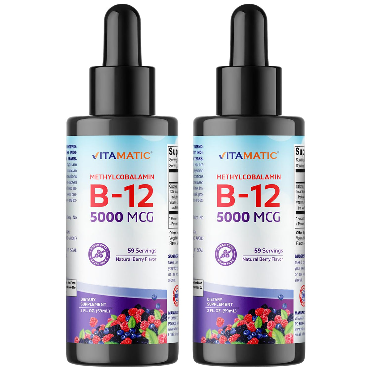Vitamatic B12 liquide saveur framboise, bouteille 2 onces, soutien potentiel d'énergie.