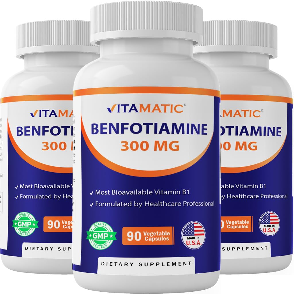 Vitamatic Benfotiamine 300 mg, bouteille végétale, présentation claire et pure