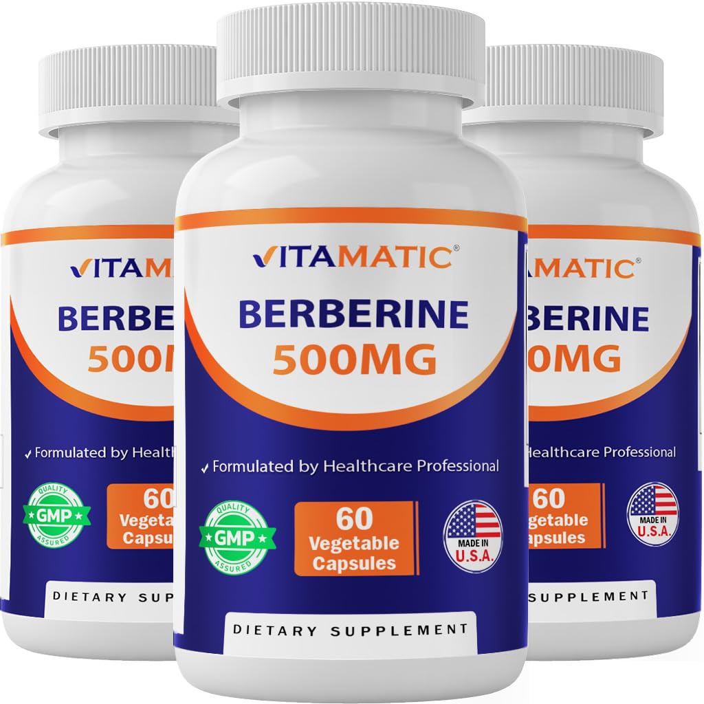 Vitamatic Berberine 500 mg — bouteille et étiquette, soutien potentiel au métabolisme sain.