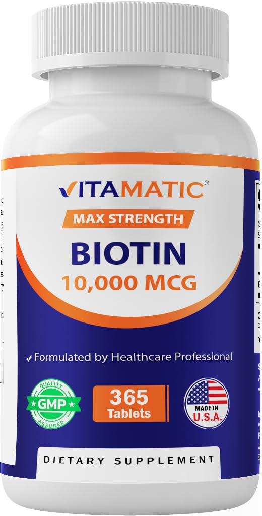 Vitamatic Biotin 10 000 mcg - tablettes véganes soutiennent potentiellement cheveux et ongles.