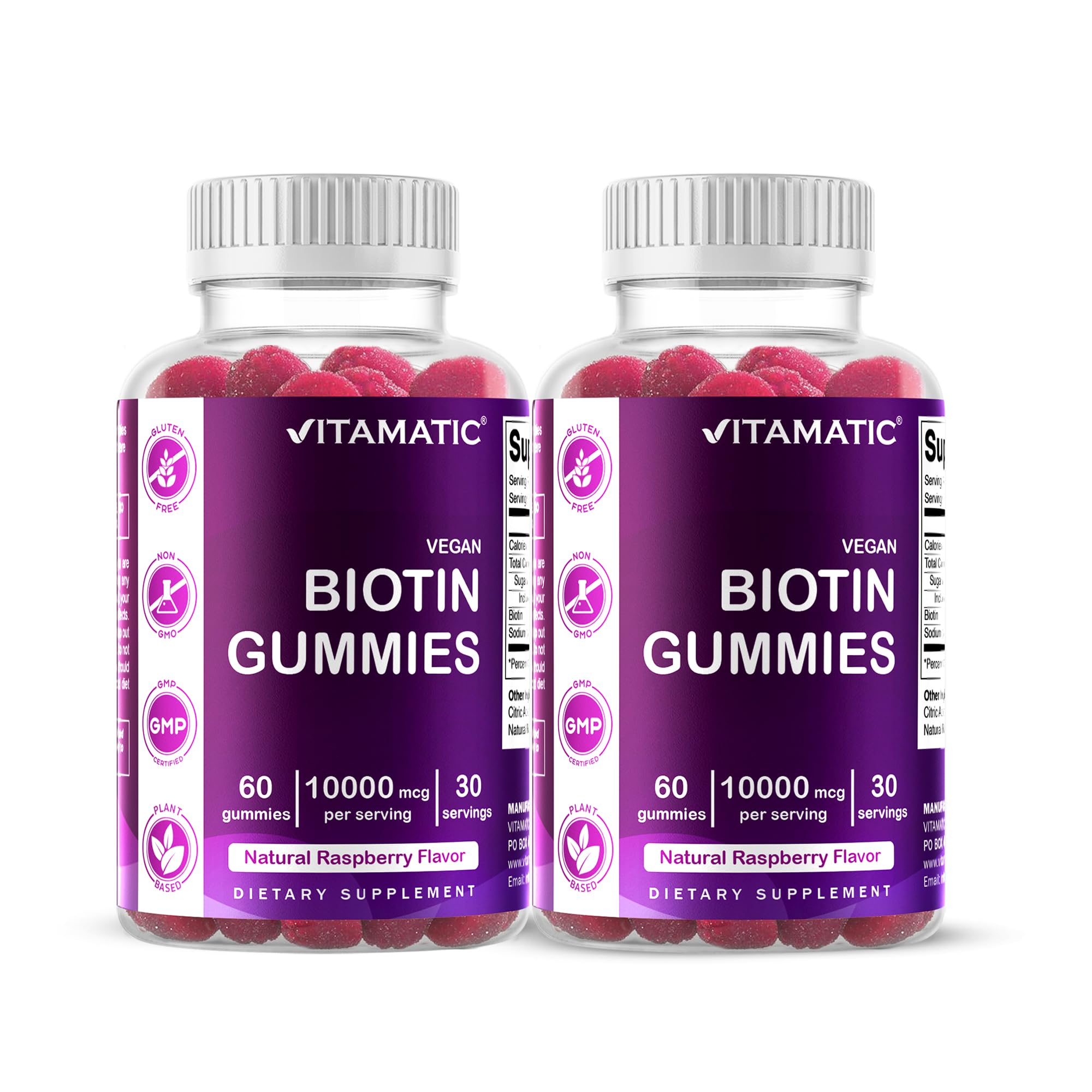 Vitamatic Biotine Gommes : bouteille visible, soutien potentiel cheveux et ongles