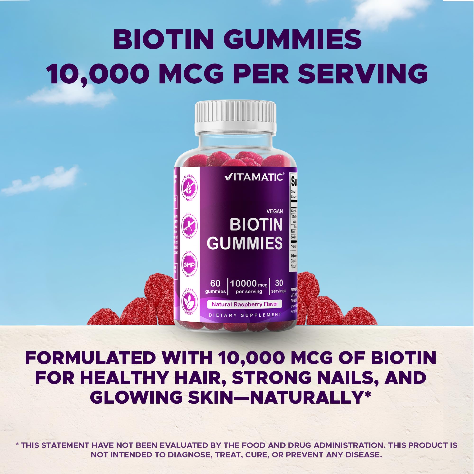 Étiquette Vitamatic Biotin indiquant ingrédients et sans colorants artificiels.