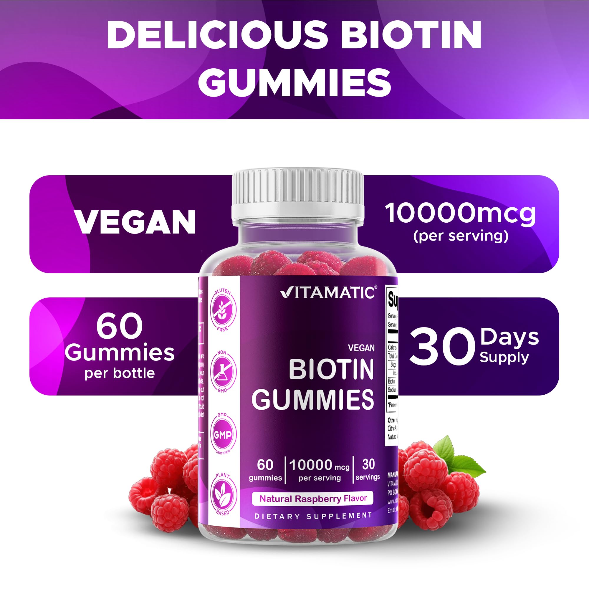 Étiquette Vitamatic Biotin Gummies sans allergènes, choix sûr