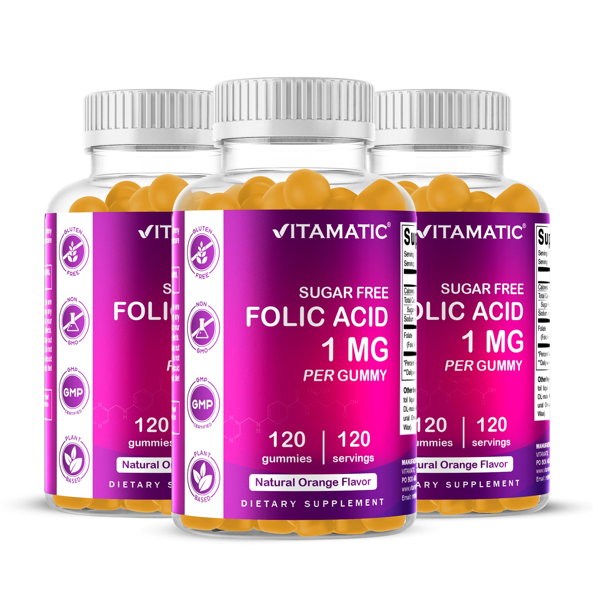 Vitamatic bonbons gélifiés acide folique orange dans une bouteille, pratique pour routine prénatale