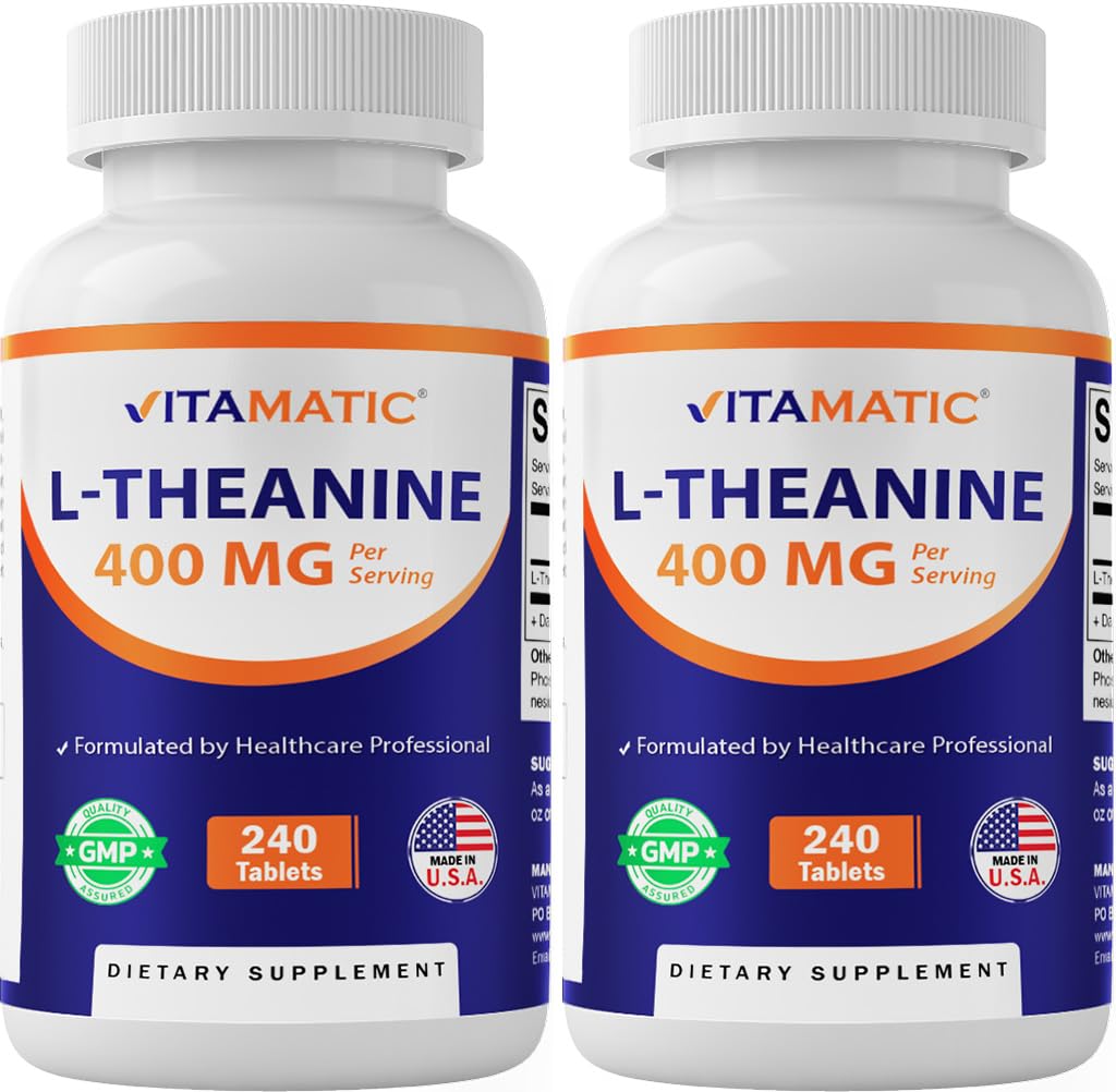 Flacon Vitamatic Theanine 400mg, capsules faciles à prendre pour le calme potentiel.
