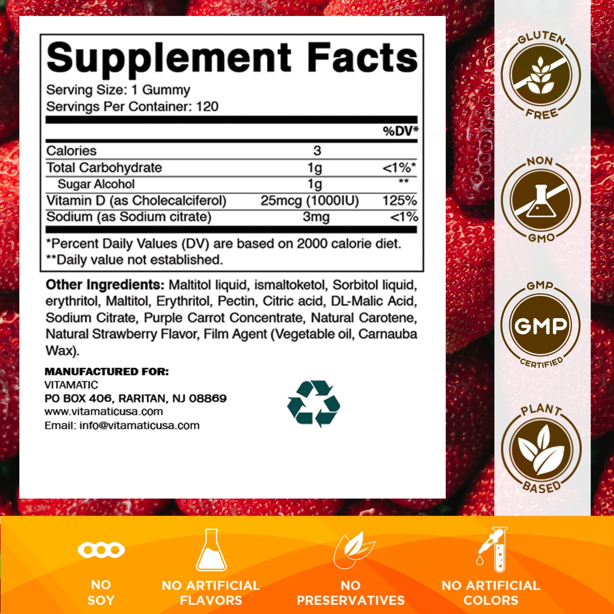 Gommes Vitamatic D3 en bouteille, pratique à emporter au quotidien.
