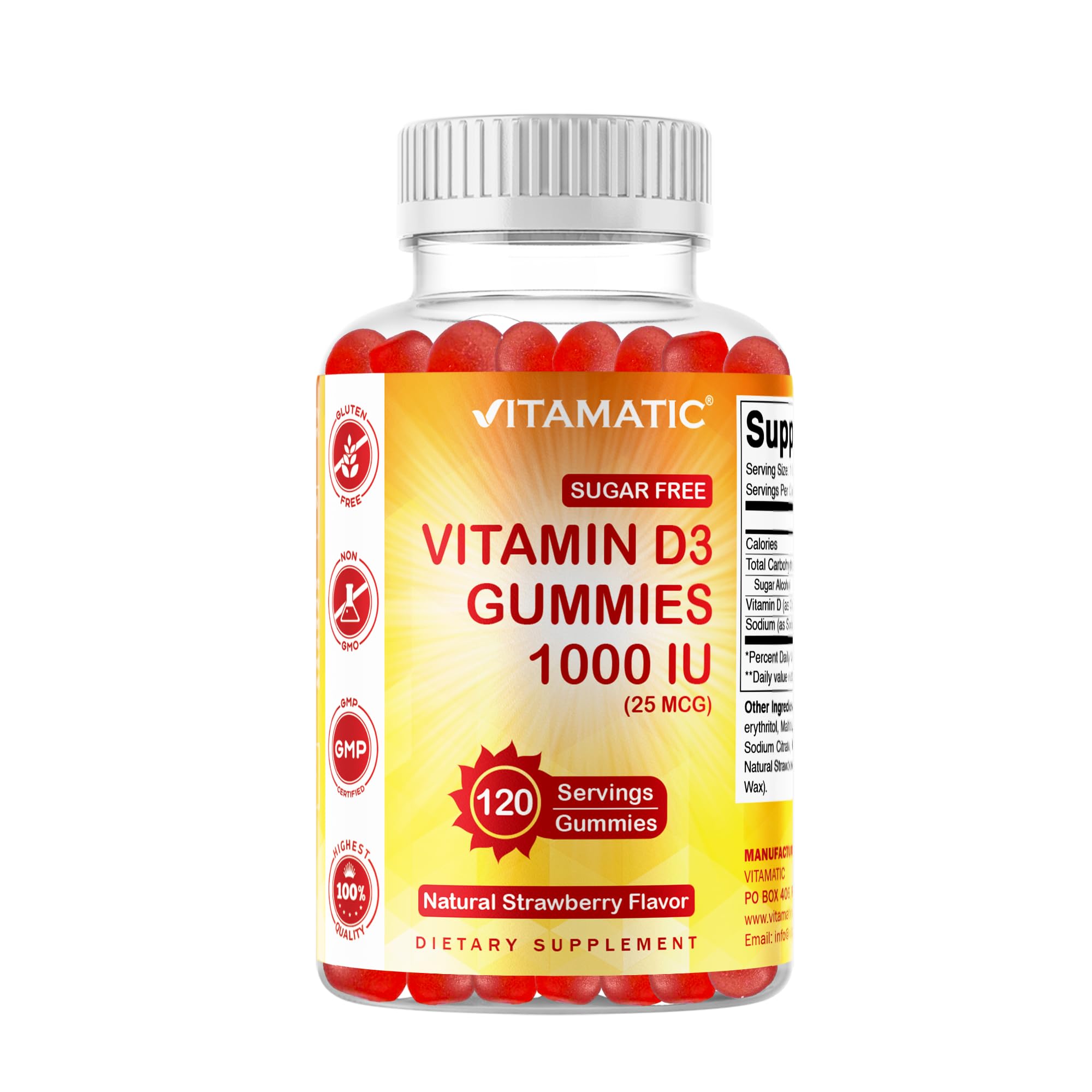 Gommes Vitamatic D3 fraise naturelle, texture moelleuse et goût agréable.