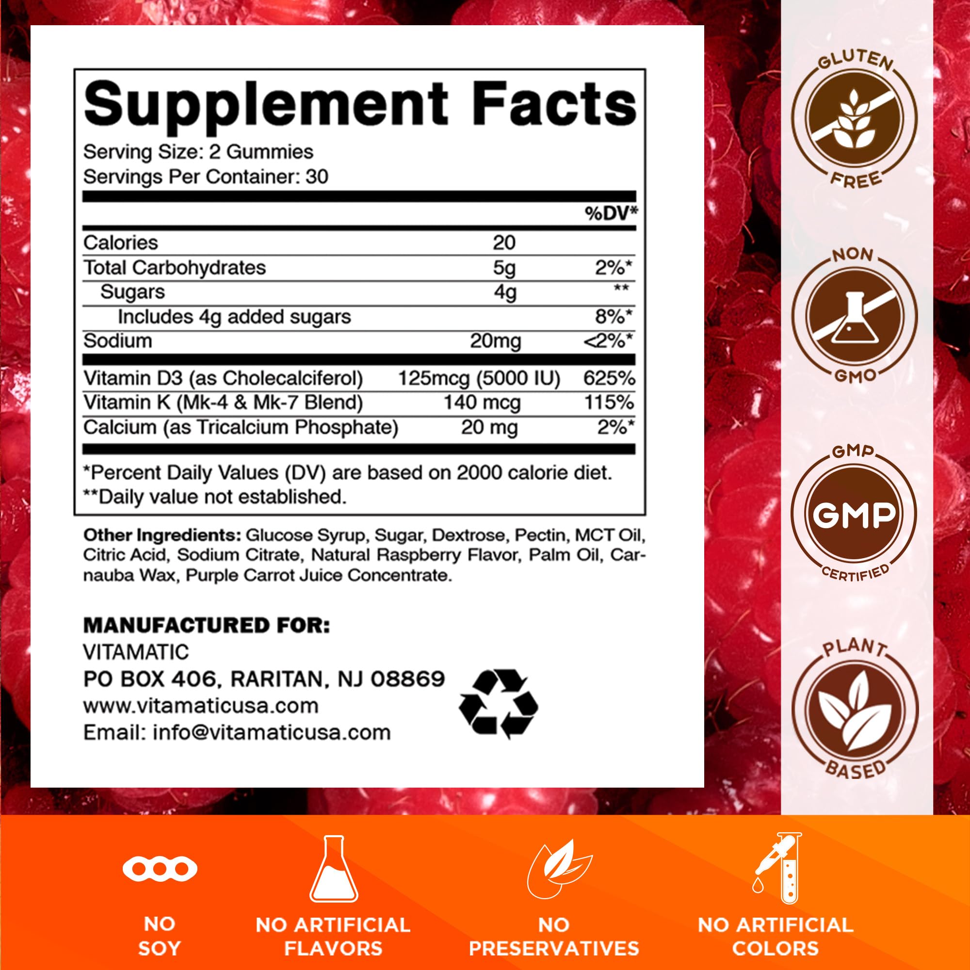 Gommes Vitamatic D3 et K2, bouteille 2-pack, prise quotidienne facile