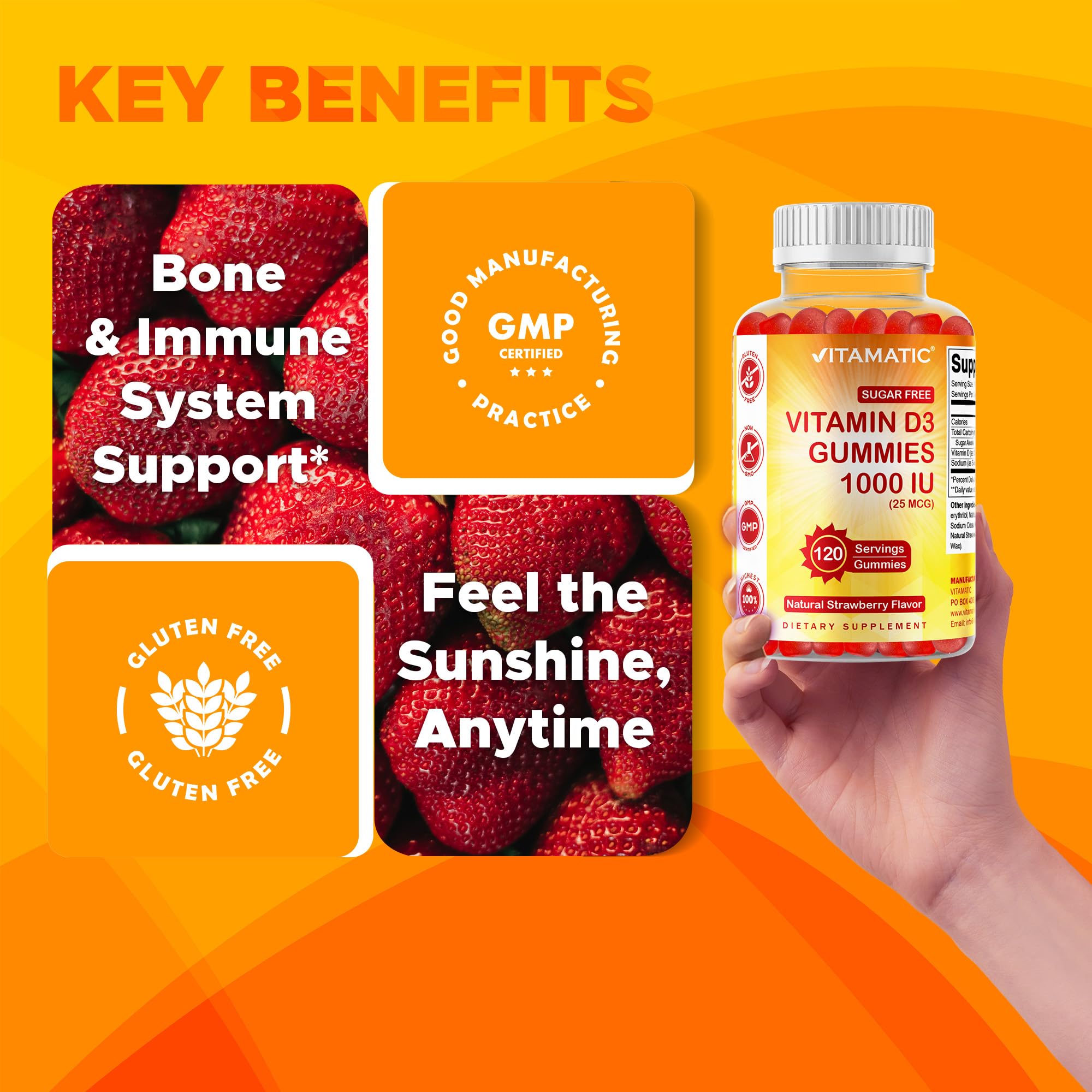 Gommes Vitamatic D3 sans gluten, adaptées aux régimes sensibles.