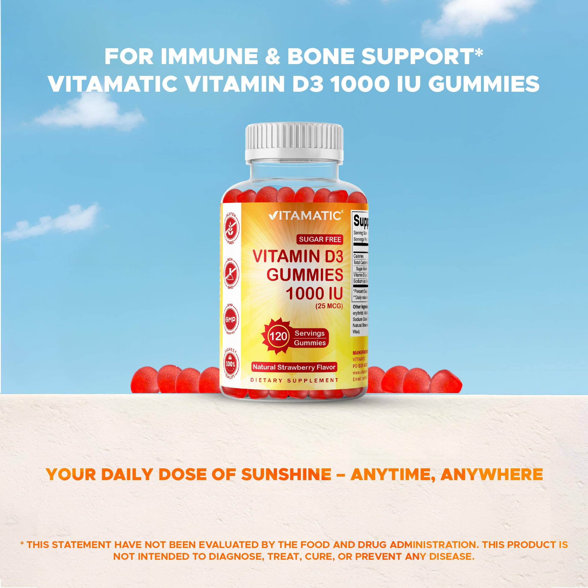 Gommes Vitamatic D3 sans soja et sans allergènes, option pratique.