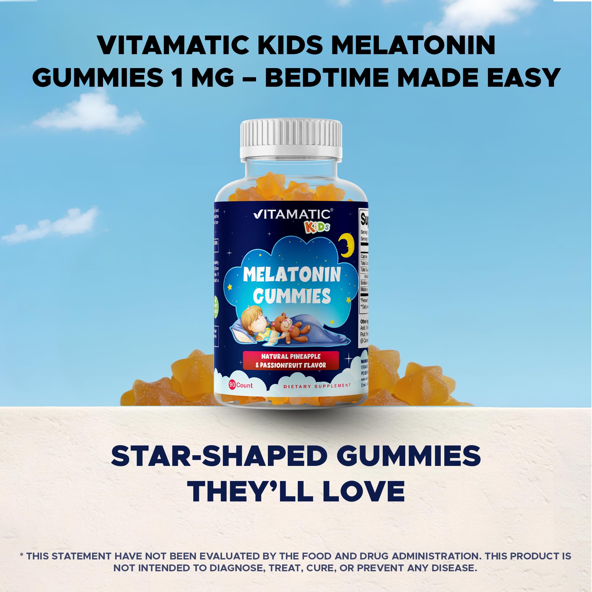 Gommes Vitamatic sans organisme génétiquement modifié, formulation adaptée pour enfants.