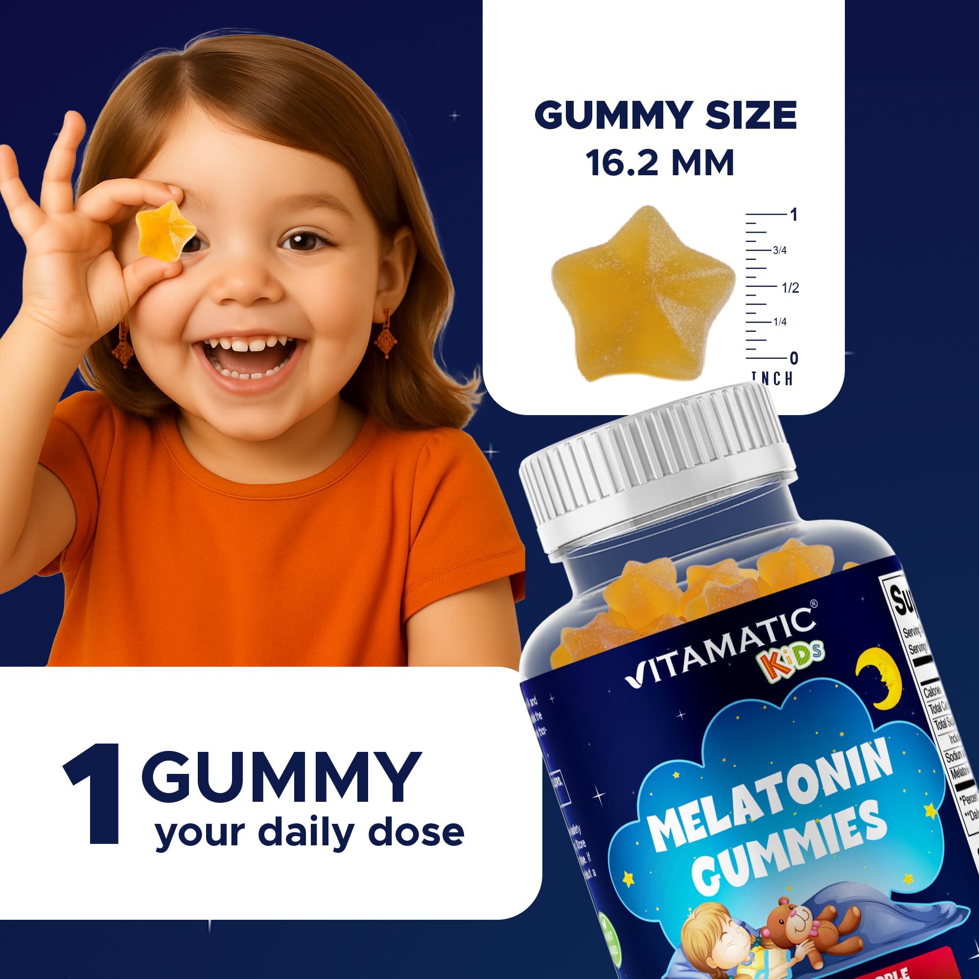 Gommes Vitamatic sans sucre, texture agréable et prise facile pour enfants.