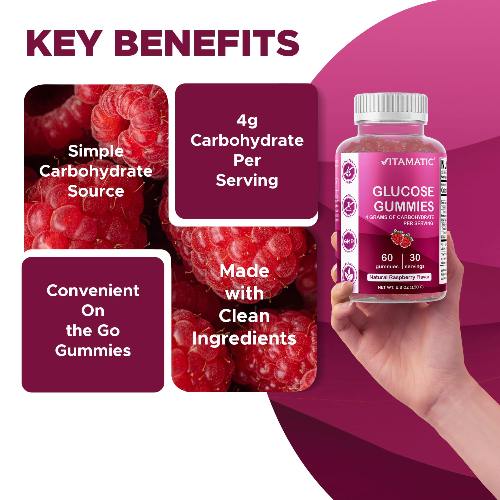 Gommes Vitamatic Glucose avec 4 g de glucides par portion pour l'apport rapide.