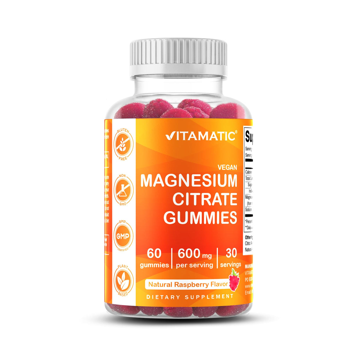 Gommes Vitamatic magnésium au goût framboise, soutien énergie et détente.