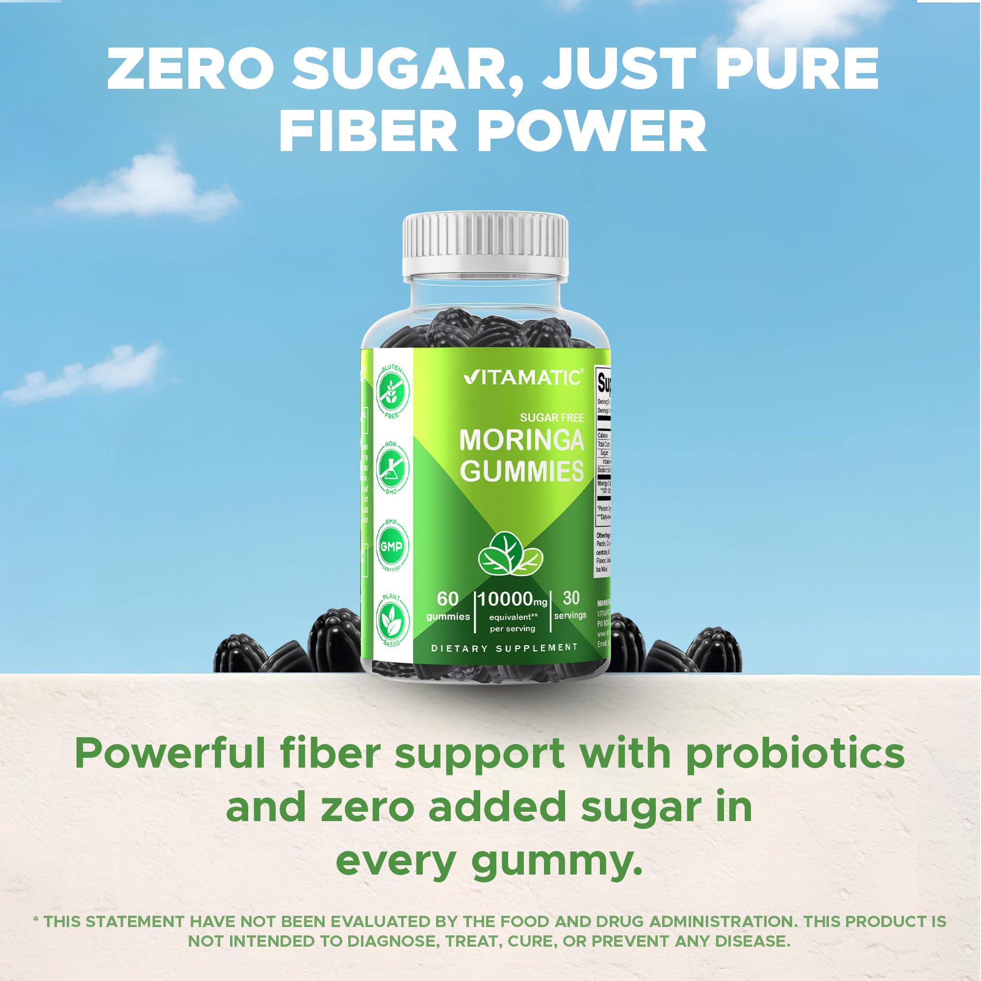 Étiquette sans OGM et vegan, Vitamatic moringa sans sucre.