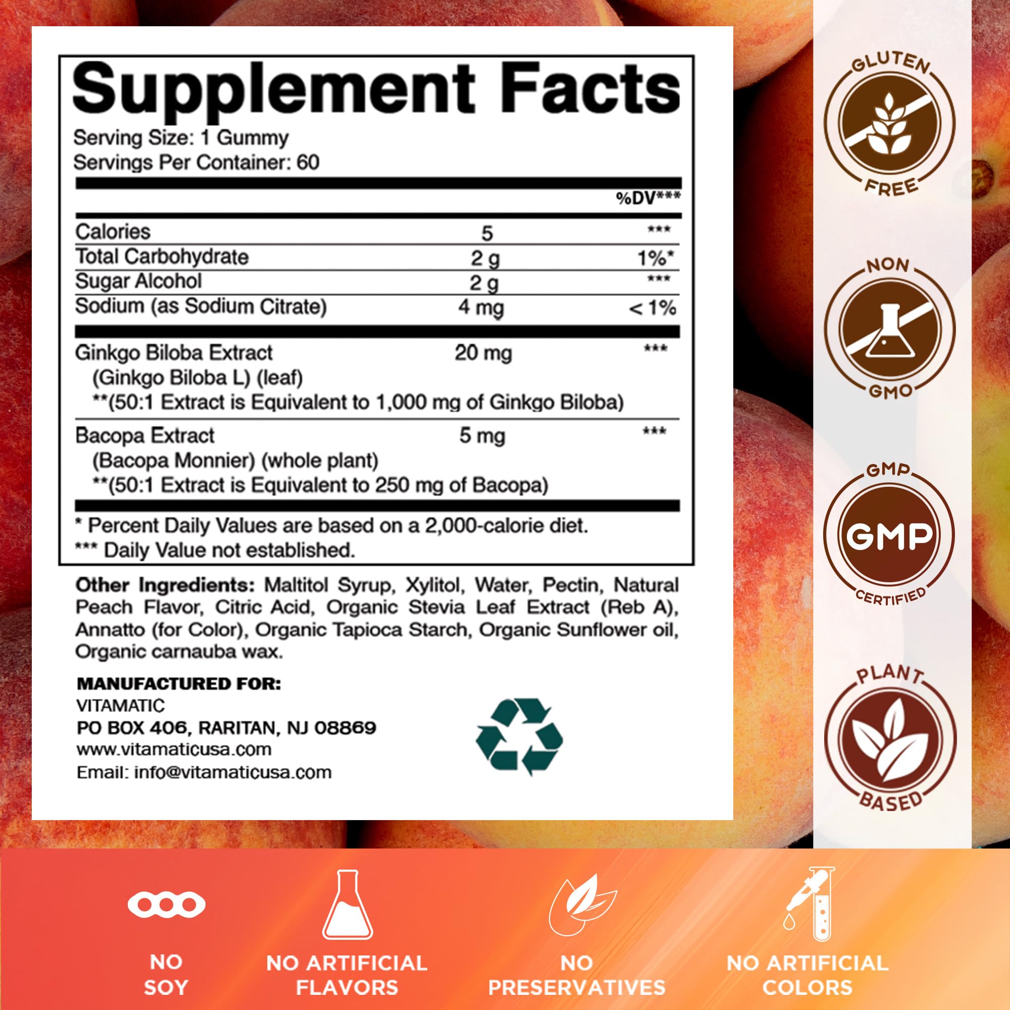 Saveur pêche naturelle des gommes Vitamatic pour une routine quotidienne agréable.