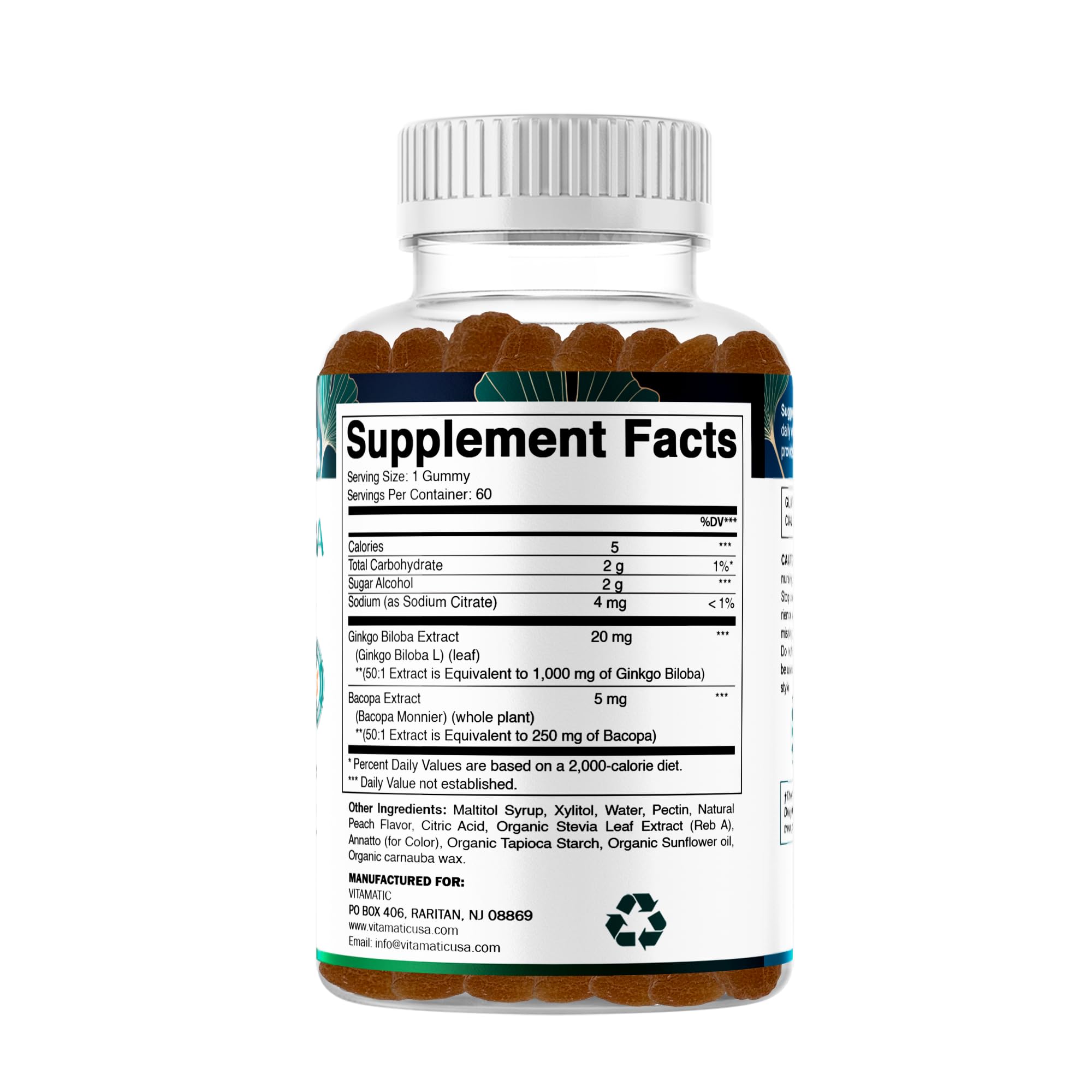 Ingrédients naturels Ginkgo Biloba et Bacopa, soutien cognitif potentiel.