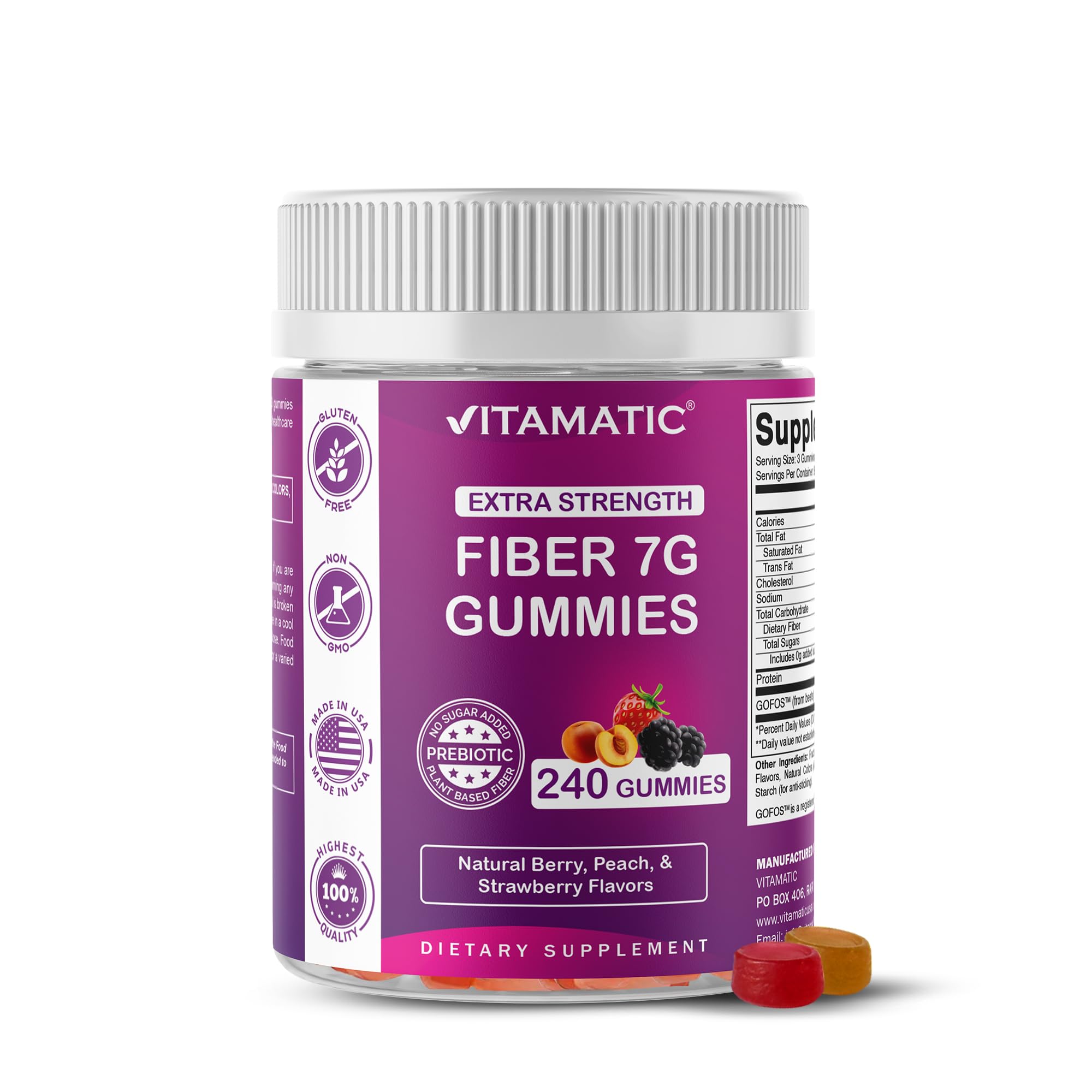 Gommes Vitamatic prébiotiques en bouteille de 240, soutien digestif quotidien.