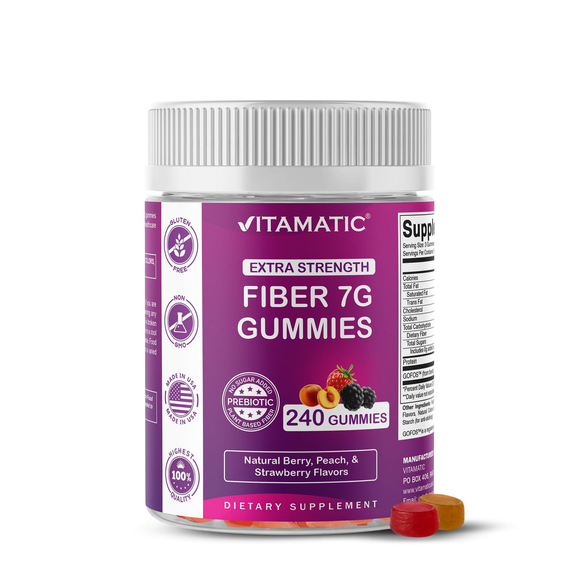 Gommes Vitamatic prébiotiques en bouteille de 240, soutien digestif quotidien.
