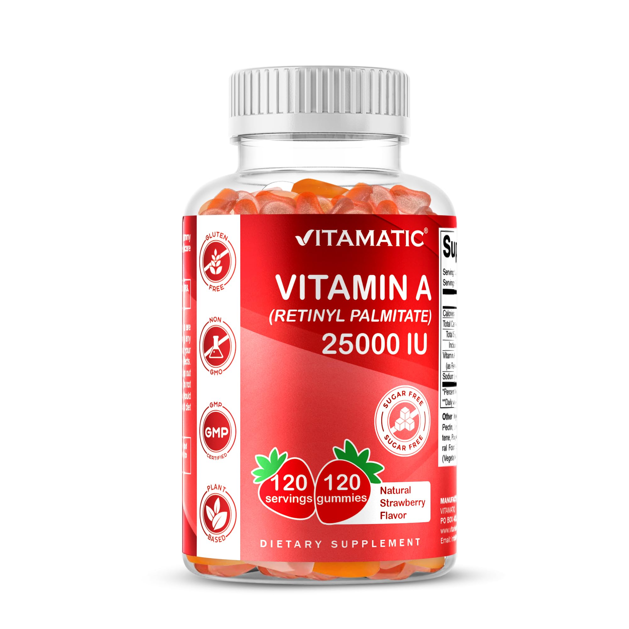 Gomme Vitamatic Vitamine A 25000 UI, saveur fraise naturelle, bouteille pratique.